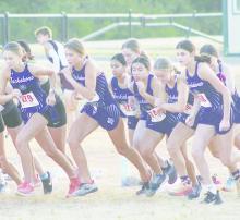 Jacksboro’s high school cross country runners leave the start line Saturday, Aug. 26 in Boyd. The Tigerettes had a strong seventh place finish among 13 teams. The team took part in a meet today, Wednesday, Aug. 30 at Nocona, but results were not available as of press time. Photo/Brian Smith