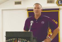 Kelly Mower, of the Jacksboro High School Quarterback Club, speaks to Jacksboro Lions during the Wednesday, July 26 meeting. Photo/Brian Smith