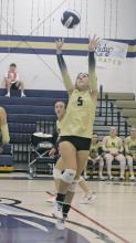 Perrin setter Mackenzie Green sets the ball for a teammate during the Lady Pirates’ match Saturday, Sept. 28 with Ranger. Perrin took a three-game sweep over the visiting Lady Bulldogs. Photo/Brian Smith