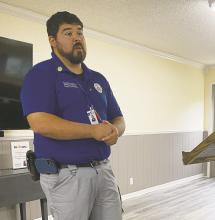 Lindsey State Jail Major of Correctional Officers Tommy Slay gives an update on programs at the jail during a community meeting Wednesday, May 1. Photo/Brian Smith