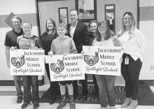 Jacksboro Lions Club members honored Jacksboro Middle School Citizenship winners for the third six weeks with a certificate and a gift card. JMS officials also provided yard signs for their Spotlight Students. Photo/Brian Smith