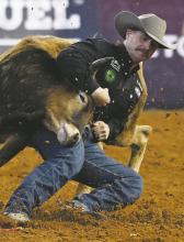 JD Struxness takes part in last year’s The American Rodeo which he won the steer wrestling portion. This year’s event will be held Friday, April 11 and Saturday, April 12 in Arlington. Contributed photo