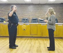 Jacksboro Police Department Lt. Bryan Corb was sworn in as new police chief by City Secretary Shalyn Burritt during a ceremony Thursday, Oct. 26. Courtesy photo