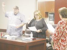 Perrin-Whitt CISD school board members Chad Lambert and Delaina Henderson are sworn in for another term during the Monday, Nov. 11 meeting. Both ran unopposed for their terms. Photo/Brian Smith