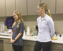 Bryson High School seniors Braydee Thorne, left and Eleanor Neudorf speaks about their future plans during the Monday, Sept. 23 board meeting. A Senior Spotlight is now a portion of each meeting to give students a chance to talk about their time in Bryson. Photo/Brian Smith