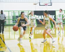 Jacksboro senior guard Rachael Chalmers drives the sideline during a recent game. The Tigerettes fell behind early and never recovered in a Friday, Jan. 27 setback to Bowie. Photo/Brian Smith