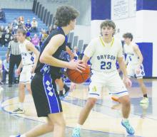 Evan Ford plays defense during Bryson’s area round win over Ector. Photo/Brian Smith