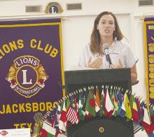 Wichita Falls Area Food Bank Director of Philanthropy Julie Nawrocki speaks to Jacksboro Lions Club members about what the food bank does during the club’s Wednesday, Aug. 14 meeting. Photo/Brian Smith