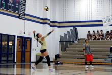 Baylee Meadows throws the ball up for a serve Thursday, Sept. 18, against Chico. The Lady Pirates lost to the Lady Dragons in five sets.  Photo/Ashley Anderson