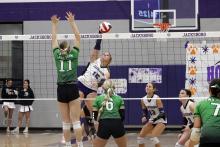 Brooke Reaves swats at a ball in the front row for a kill attempt Saturday, Sept. 27. Reaves had two kills against the Iowa Park Lady Hawks. Photo/Ashley Anderson