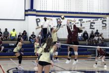 Callie Weddle clears a ball for the Lady Pirates Friday, Sept. 12. Head coach Rebekah Bland said the team needs more consistent energy after their loss. Photo/Ashley Anderson