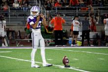Damian Salazar sets up to kick the ball on a kickoff in one of the Tigers games. The Tigers beat the City View Mustangs in their district opener Friday, Oct. 10. Photo/Ashley Anderson