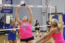 The Lady Tigers set up a play for a kill Tuesday, July 22. Coach Bekah Sams said the number one area of improvement for the Lady Tigers is passing. Photo/Alex Havardansky