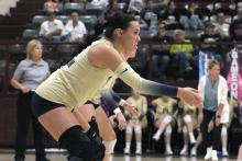Baylee Meadows prepares for a serve receive attempt in the back row Thursday, Nov. 6 against the Harrold Lady Hornets. Meadows was one of the veteran leaders of this team all season. Photo/Alex Havardansky