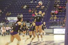 Senior Brailyn Tullous sets the ball during game one of the Tigerettes’ Friday, Oct. 11 victory over City View. Photo/Brian Smith