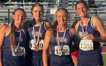 The Perrin-White girls 4x200-meter relay of (from left) McKieran Murphy, Shiloh Wilson, Lucchese Reilly and Callie Weddle are competing in the Class 1A State Track and Field Meet this weekend. Courtesy photo