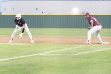 Cannon Valenzuela gets a lead off the bag following a first inning single. The Tigers remained perfect in District 7-3A with a 9-5 win over Bowie. Photo/Brian Smith