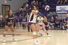 Lilly Webster returns a serve during game one of the match with Iowa Park. Jacksboro lost in four sets Tuesday, Oct. 22. Photo/Brian Smith