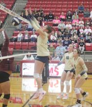 McKieran Murphy goes for the block on the Ranger return during the first set of Perrin’s bi-district win over the Lady Bulldogs. Perrin will face Saint Jo at 7 p.m. Thursday, Nov. 7. Photo/Brian Smith