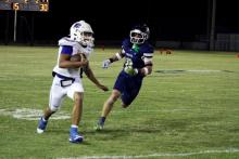 Noah Morris chases down a defender in one of the Pirates’ matchups earlier in the season. The Pirates lost to the Knox City Greyhounds in their game Friday, Oct. 31. Photo/Ashley Anderson