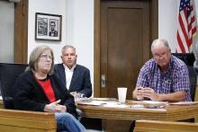 Jack County commissioners consider arguments for and against closing South Stadium Street and a portion of East Eberhart Street in Perrin during public forum Monday, Oct. 27. Pictured from left is Commissioner Precinct 2 Amy Salazar, Jack County Judge Keith Umphress and Commissioner Precinct 4 Terry Ward. Photo/Ashley Anderson