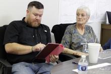 Bryson City Council member Jesse Laine and Mayor Lutitia Ford consider options for wastewater treatment in Bryson as the lagoons at the city’s facility need rehabilitation. Photo/Ashley Anderson