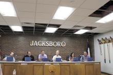 Jacksboro city staff has removed ceiling panels in council chambers searching for the source of a water leak. City council asked for estimates for repairs before making any decisions. Pictured from left are council members Tyler Harmonson, Joel Hood, Greg Robinson, Shawnea’ Smith Libby Gonzales and Mayor Alton Morris. Photo/Ashley Anderson