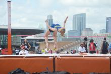 Joslyn Whitfill clears the bar during the high jump competition at the UIL State Track Meet. Whitfill finished in fifth place. Photo/Colton McWilliams
