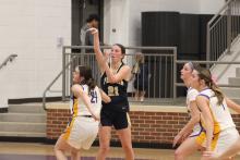 Kannan Collier shoots a midrange jumpshot Friday, Feb. 20 against the Dodd City Lady Hornets. Collier scored eight points in the Lady Pirates’ area round matchup. Photo/Ashley Anderson