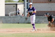 Brayden Rockey tosses his bat and takes his base Monday, March 30 against the Clyde Bulldogs. The Tigers were ranked fifth in the state in Class 3A by Texas High School Baseball and No. 8 by the Texas High School Baseball Coaches Association. Photo/Ashley Anderson