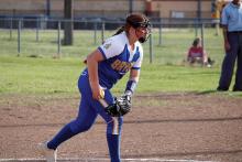 Shelby Neer controls the mound for the Bryson Cowgirls in a previous matchup. Neer was named Co-Pitcher of the Year along with Perrin-Whitt’s Bea Adams. Photo/Ashley Anderson