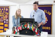 JEF Executive Director Kelly Castle and Vice President of Development Miles Maddox speak Wednesday, April 8 with Jacksboro Lions Club, promoting the foundation’s “Final 30” founding donor campaign closing May 8. Names of founding donors will be featured on a plaque at JISD’s Burkett Event Center. Photo/Ashley Anderson