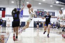 Kadie Dugan drives to the basket for a layup Thursday, Jan. 22 against the Garner Lady Longhorns. Dugan scored four points in the Lady Pirates’ 39-11 victory over the Lady Longhorns. Photo/Ashley Anderson