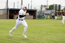 Perrin-Whitt Pirate Cole Keeney races to first base Tuesday, April 14 against Saint Jo. Keeney was named the Texas High School Baseball D-Bat Hitter of the Week for the week ending April 10.  Photo/Ashley Anderson