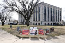 Yard signs for local candidates outside the Jack County Courthouse. Early voting kicked off Tuesday, Feb. 17 and will run through Friday, Feb. 27. Election day will be Tuesday, March 3 and voters will have the opportunity to cast their ballots at one of four polling locations in Jack County. Photo/Ashley Anderson