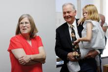 Jack County Commissioner Amy Salazar passes the torch Friday, April 24 to Ronald Fitzgerald. Salazar was recognized for her service to the county over the past year as she stepped down to allow Fitzgerald to take office. Photo/Ashley Anderson