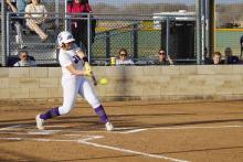 Brooke Reaves hits the ball hard in one of the Tigerettes’ previous matchups. Reaves was a star both at the plate and on the pitcher’s mound Monday, March 16, striking out 11 batters and knocking in two RBIs against the Bowie Lady Rabbits in a 10-4 victory. Photo/Ashley Anderson