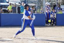 Khloey Reddell makes contact at the plate Thursday, March 19 against the Perrin-Whitt Lady Pirates. Reddell totaled six hits, five RBIs, a walk and six stolen bases Tuesday, April 14 in the Bryson Cowgirls’ 31-17 win over DeLeon. Photo/Ashley Anderson