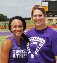 Jacksboro's Kaylea Maples, with coach Karen Adkins, will be looking for a strong showing in the triple jump Friday morning at the State Track and Field Meet