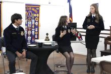 Jacksboro Ag Issues team members Lochlan Pardue, Payeton Terrell-Erwin and Kylie Johnson speak in front of the Jacksboro Lions Club in November. The team placed first in the area round of LDE competition, earning a place at the state meet. Photo/Ashley Anderson