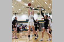Kannan Collier puts up a layup Tuesday, Feb. 17 against the Forrestburg Lady Horns. Collier went on a tear putting up 18 points in the Lady Pirates 66-29 victory. Photo/Ashley Anderson