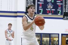 Cole Keeney attempts a free throw in one of the Pirates’ previous matchups. The Pirates participated in a tournament in Santo from Thursday, Dec. 11 to Saturday, Dec. 13 and came away with a perfect 4-0 record. Photo/Ashley Anderson