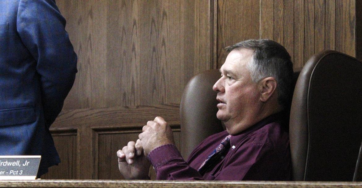 Jack County Precinct 2 Commissioner Henry Birdwell, Jr. listens to discussions on video conference Monday, May 11 regarding an easement and right of way agreement between the county and O’Bannion Energy Storage. The court granted the agreement that would allow a transmission line to be buried in a section of Rock Creek Road. Photo/Ashley Anderson