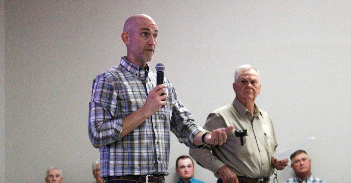 Upper Trinity Groundwater Conservation District General Manager Doug Shaw speaks Tuesday, May 26 at a meeting about water in Jack County. State representatives have asked the county to consider joining a GCD. Photo/Ashley Anderson